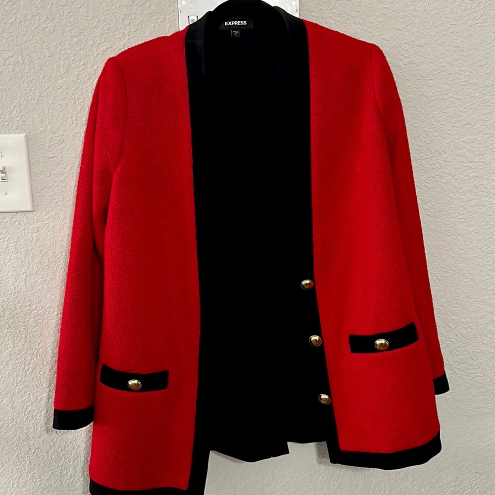 Red suit jacket/cardigan from express. Very classy.